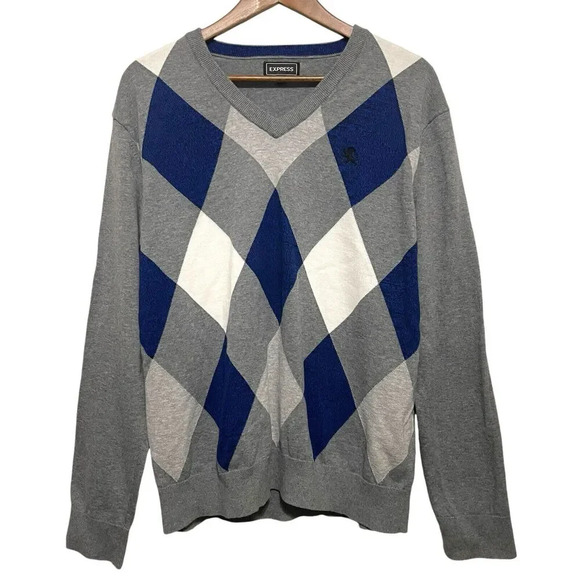 Express Argyle Pullover Sweater Size XL Gray Long Sleeve V-Neck Preppy - Picture 1 of 7